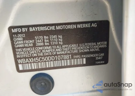 2013 BMW 528I xDrive из США, поврежденный, VIN WBAXH5C50DD107881